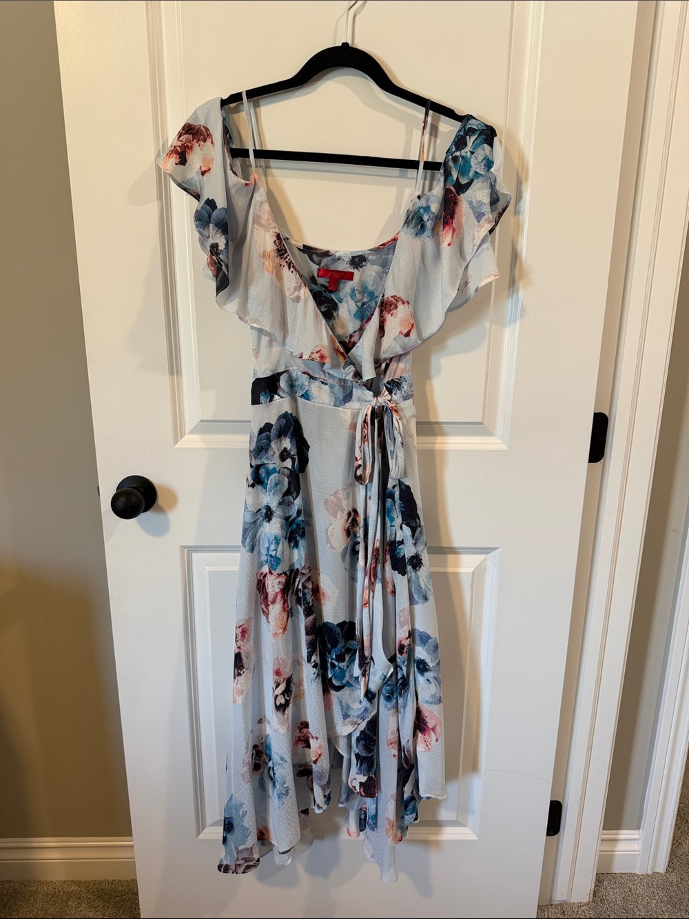 Floral Ruffle Wrap Midi Dress with Off the Shoulder Detail in Light Blue